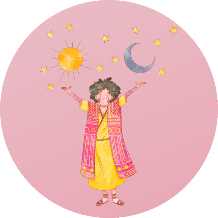 Illustration of a joyful person with arms raised, surrounded by the sun, moon, and stars against a soft background.
