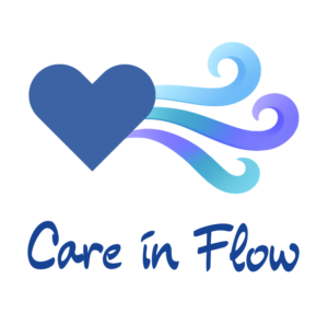 Blue heart with flowing gradient waves and the text ‘Care in Flow.