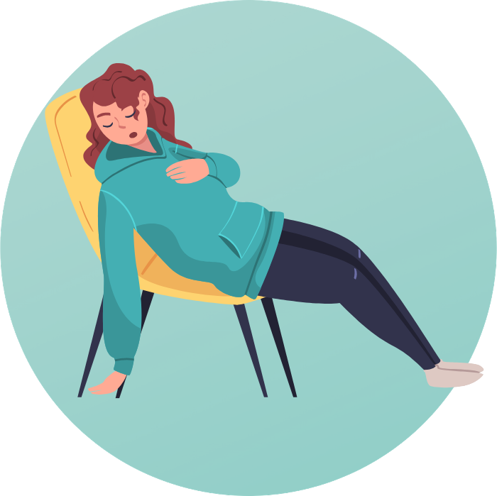 Illustration of a woman leaning back in a chair, resting with eyes closed in a relaxed position.