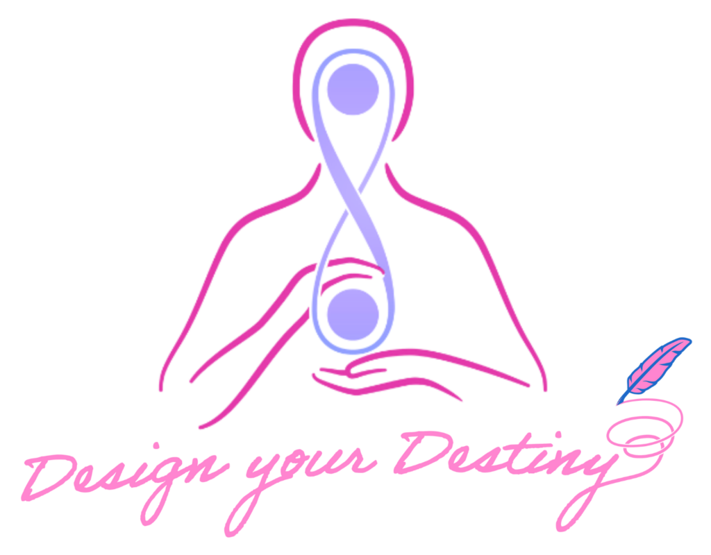 Illustration of a person holding an infinity symbol at the center of their body, with the words ‘Design your Destiny.