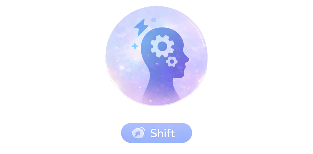 Stylized profile of a head with gears inside and upward arrows, symbolizing mindset change, with the label ‘Shift.