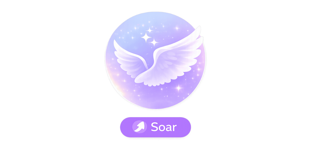 Stylized wings inside a glowing circle with stars, symbolizing freedom and elevation, labeled ‘Soar.
