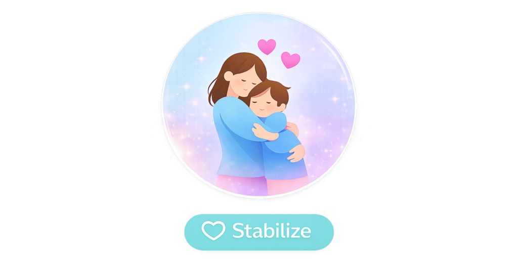 Illustration of a mother and child embracing with hearts above them, representing care and safety, labeled ‘Stabilize.