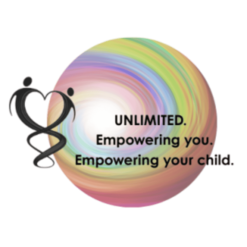 Rainbow spiral circle with the message ‘Unlimited. Empowering you. Empowering your child.’ and a caregiving symbol.