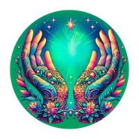 Vibrant illustration of two open hands with intricate patterns, surrounded by flowers and glowing light in a circular design.