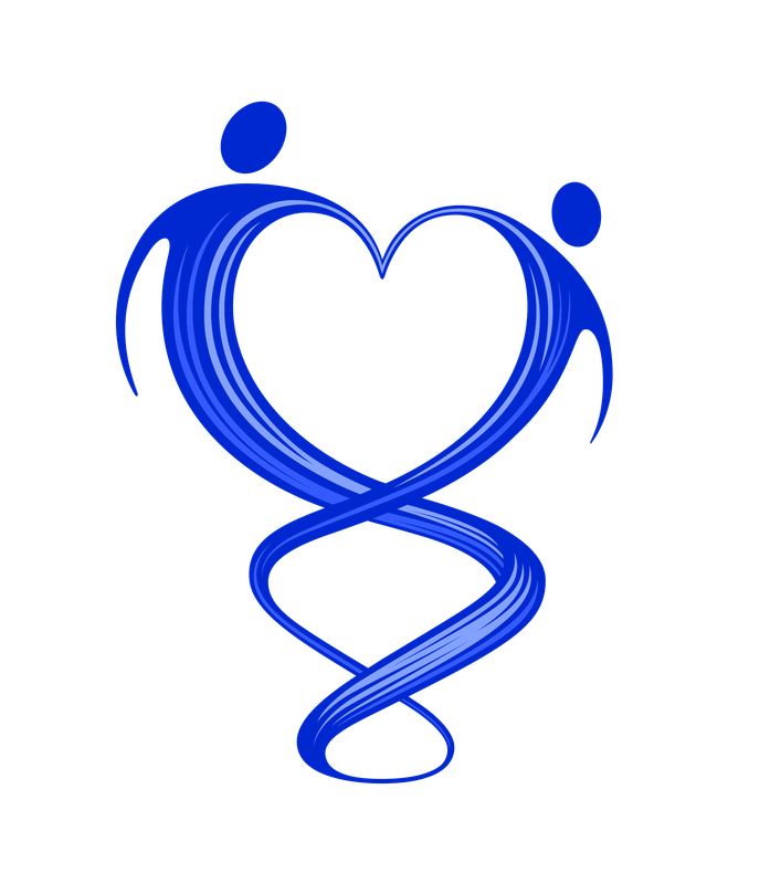 Two abstract human figures in blue forming a heart shape with a flowing design below.