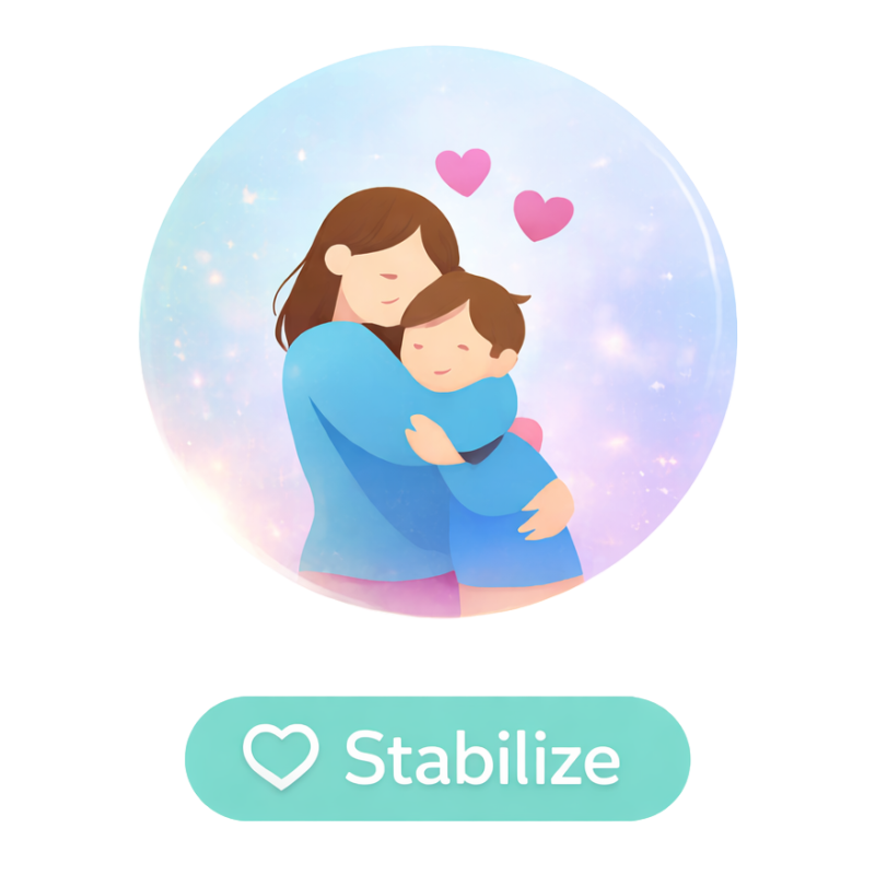 Stabilize: a mother hugging her child, representing safety, emotional support, and grounding.
