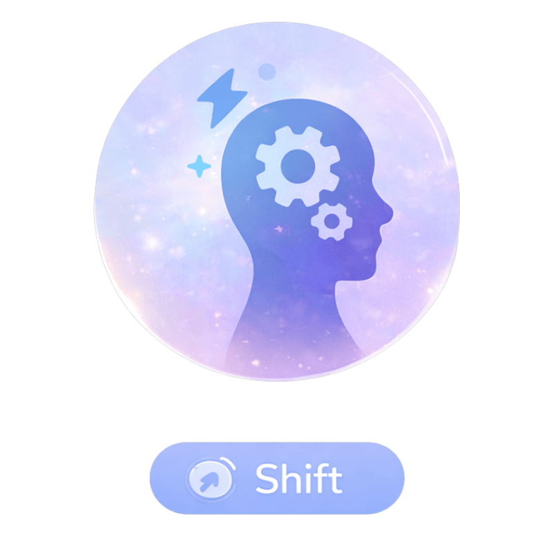 Stylized profile of a head with gears inside and upward arrows, symbolizing mindset change, with the label ‘Shift.