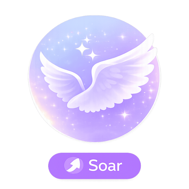 Stylized wings inside a glowing circle with stars, symbolizing freedom and elevation, labeled ‘Soar.
